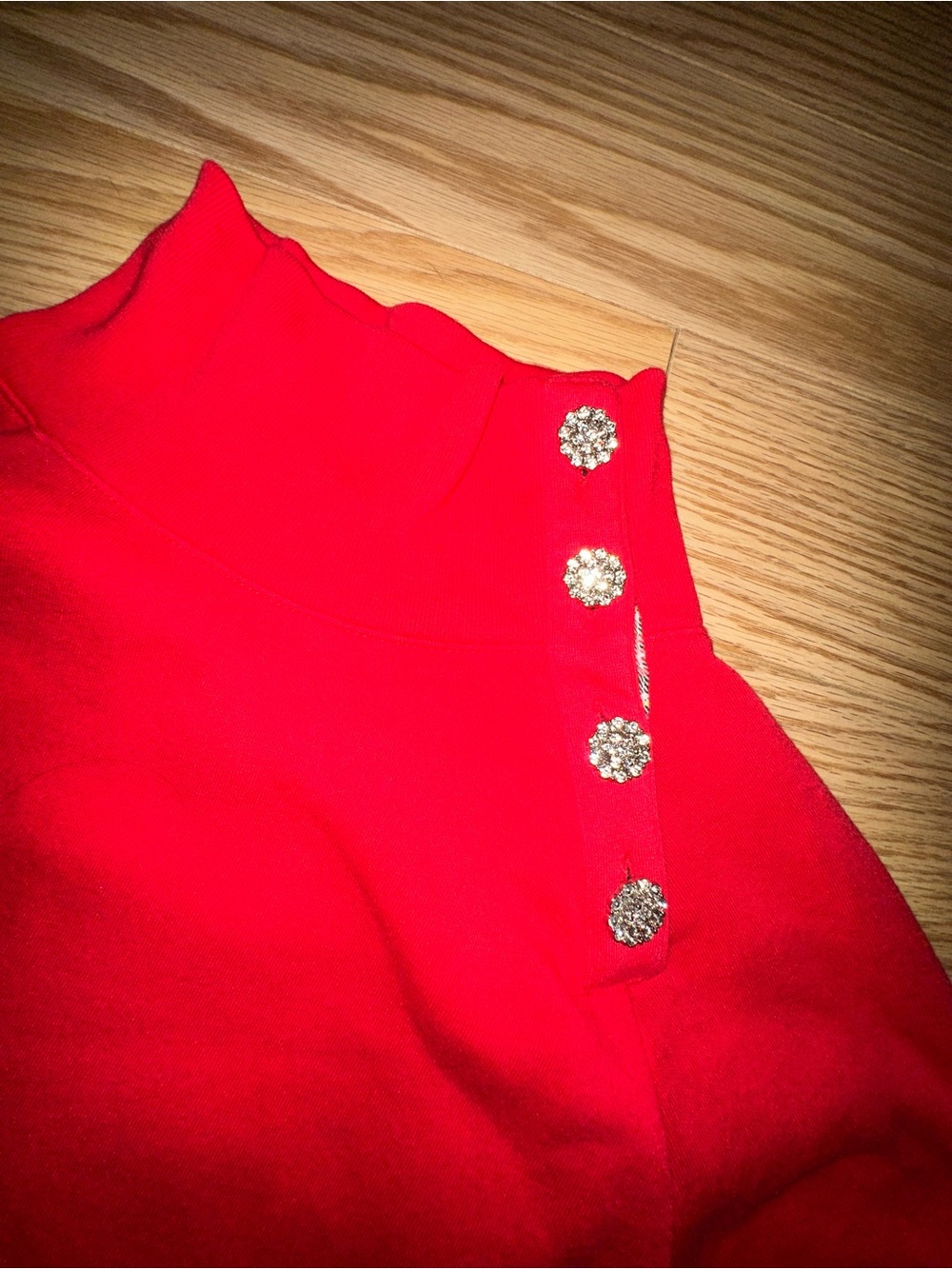 J Crew Tartan Red Rhinestone Embellished Button Funnel Neck Sweatshirt XS - Picture 5 of 13